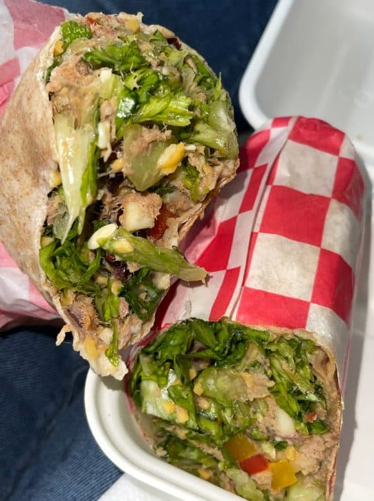 Tuna wrap sliced in half